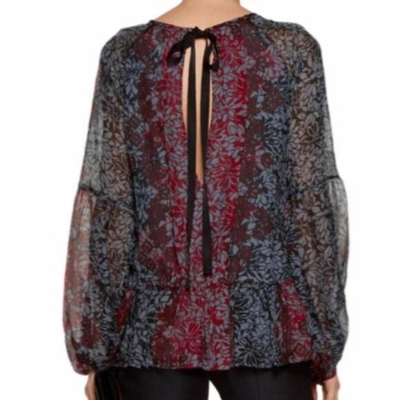 Cinq a Sept Silk Floral Tie Back Peplum Blouse Red Black S - Picture 2 of 9